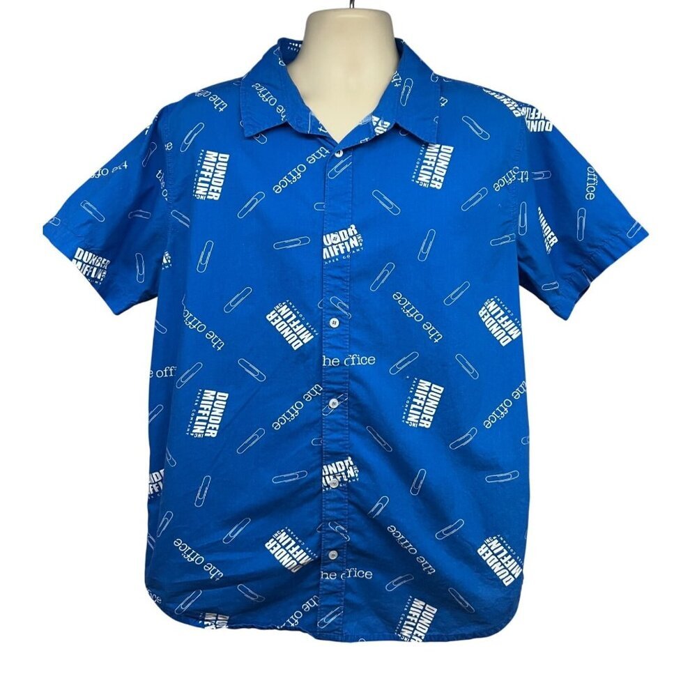 The Office Dunder Mifflin TV Comedy Mens Blue Button Up Camp Shirt XL Cotton